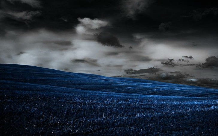 Fotomanipolazione del paesaggio, campi, blu, colline, nuvole, foto, 3d ed estratto, Sfondo HD