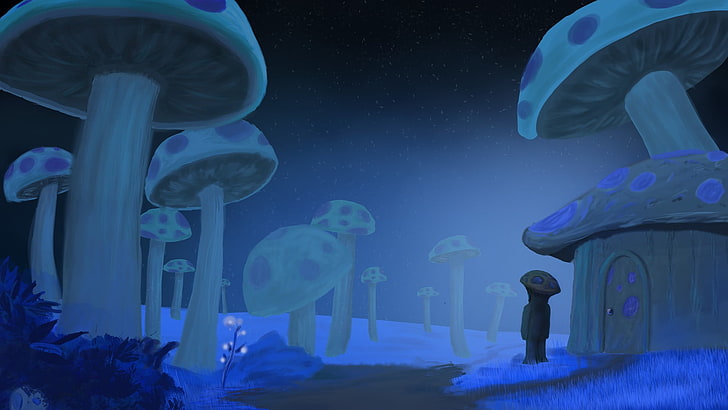 버섯, 테라 리아, 비디오 게임, 삽화, 버섯으로 둘러싸인 버섯 집의 사진, HD 배경 화면