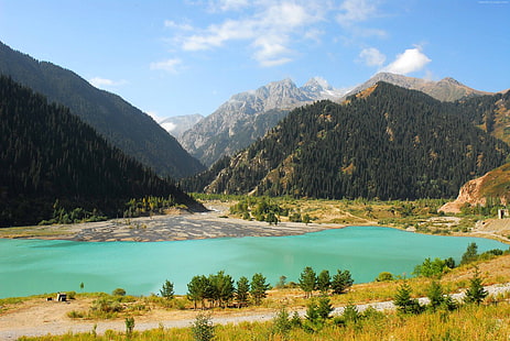 4k, lago Issyk-Kul, floresta, montanhas, Quirguistão, HD papel de parede HD wallpaper