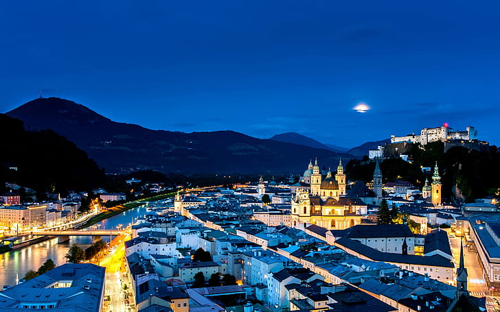 Austria, Salzburg, miasto nocą, ulica, domy, światła, góry, Austria, Salzburg, miasto, noc, ulica, domy, światła, góry, Tapety HD