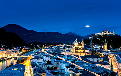 Austria, Salzburg, miasto nocą, ulica, domy, światła, góry, Austria, Salzburg, miasto, noc, ulica, domy, światła, góry, Tapety HD HD wallpaper