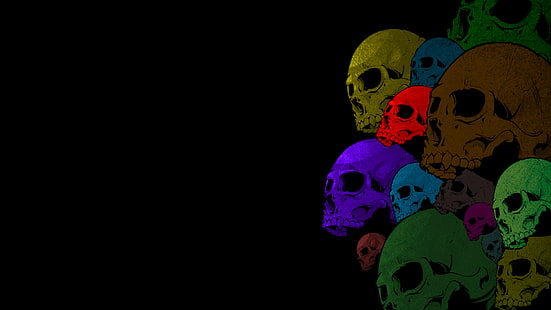 Crânes noirs colorés HD, illustration de crânes, numérique / illustrations, noir, coloré, crânes, Fond d'écran HD HD wallpaper