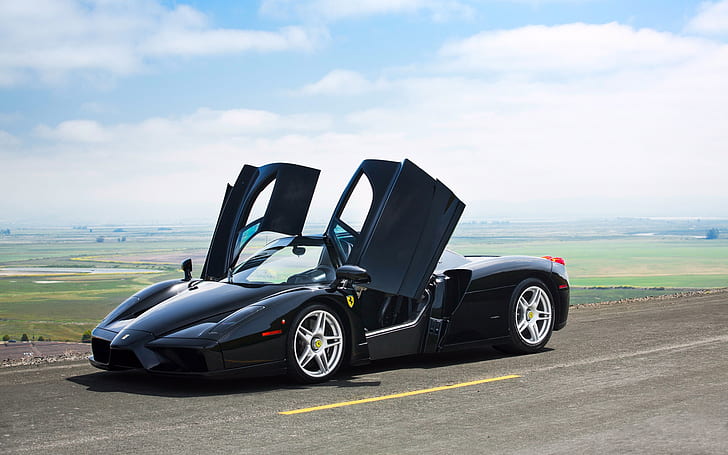 Czarny supersamochód Ferrari Enzo, otwarte drzwi, Ferrari, czarny, kolorowy, supersamochód, drzwi, otwarte, Tapety HD