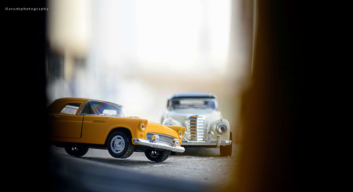 arunsphotography, carros fundidos, fotografia fundida, carro de brinquedo, carro antigo, carro branco, carro amarelo, HD papel de parede
