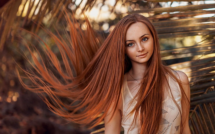 жени, модел, червенокоса, портрет, дълга коса, права коса, HD тапет
