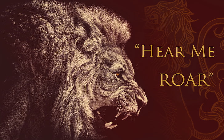 grafika lwa z nakładką na tekst usłysz mnie ryk, lew, ród Lannisterów, sigile, gra o tron, Tapety HD