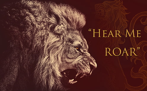 grafika lwa z nakładką na tekst usłysz mnie ryk, lew, ród Lannisterów, sigile, gra o tron, Tapety HD HD wallpaper