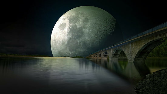 pont, rivière, réflexion, nuit, clair de lune, lune, eau, pleine lune, ciel, photoshop, phénomène, ciel nocturne, pont en arc, objet astronomique, Fond d'écran HD HD wallpaper