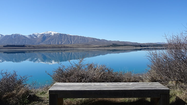 krajobraz, zaśnieżony szczyt, ławka, Nowa Zelandia, jezioro Tekapo, Tapety HD
