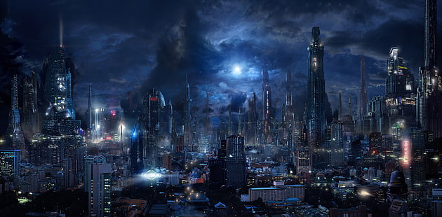 футуристический город, фантастика, небоскребы, ночь, темный город, летательные аппараты, фэнтези, HD обои HD wallpaper