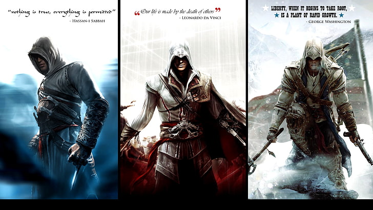 Assassin's Creed, Эцио Аудиторе да Фиренце, видеоигры, Assassin's Creed 2, Assassin's Creed III, Альтаир Ибн-Ла-Ахад, Коннор Кенуэй, коллаж, HD обои
