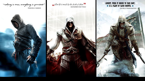 Assassin's Creed, Ezio Auditore da Firenze, videojuegos, Assassin's Creed 2, Assassin's Creed III, Altaïr Ibn-La'Ahad, Connor Kenway, collage, Fondo de pantalla HD HD wallpaper
