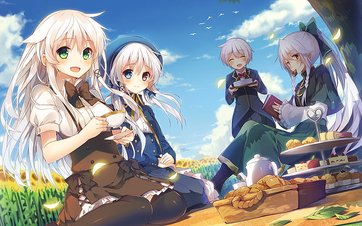 four girls eating food under the tree, anime, artwork, anime girls, Anceril Sacred, Ciel Sacred, Tierra Azur, HD wallpaper