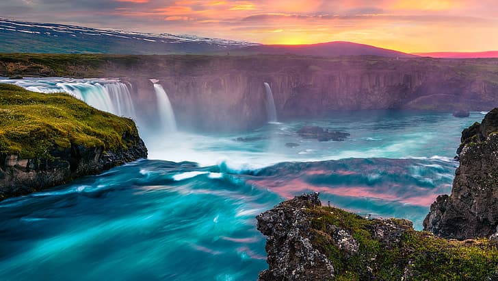 nature, landscape, waterfall, water, long exposure, rocks, moss, clouds, mountains, sunset, sky, Godafoss falls, Iceland, HD wallpaper