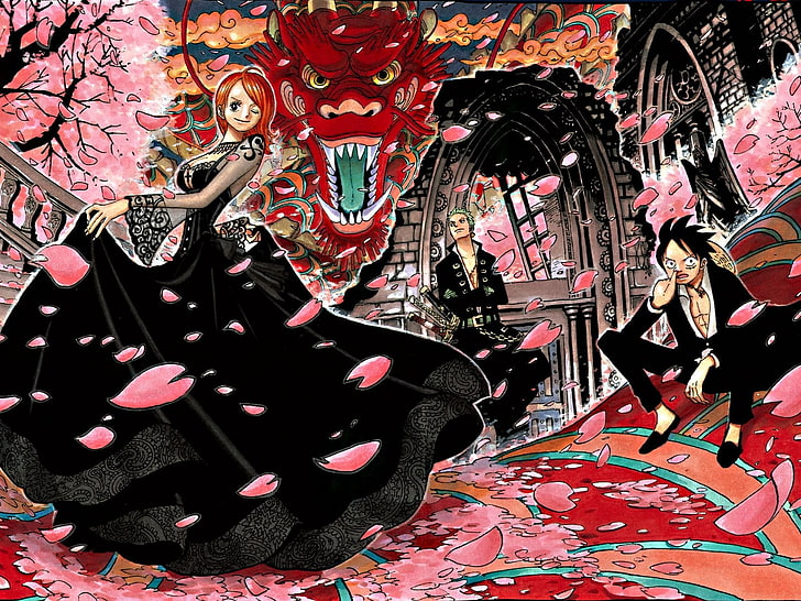 OnePiece digital wallpaper, One Piece, Nami, Roronoa Zoro, Monkey D. Luffy, HD wallpaper