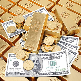 emas, uang, dolar, Wallpaper HD HD wallpaper