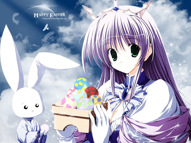 Happy Easter anime character, yoake mae yori ruri iro na, feena fam earthlight, girl, rabbit, eggs, HD wallpaper