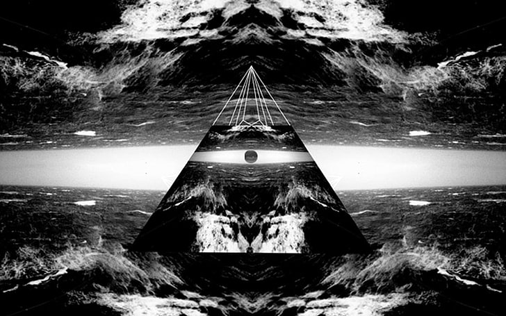 sea waves illustration, eyes, pyramid, abstract, HD wallpaper
