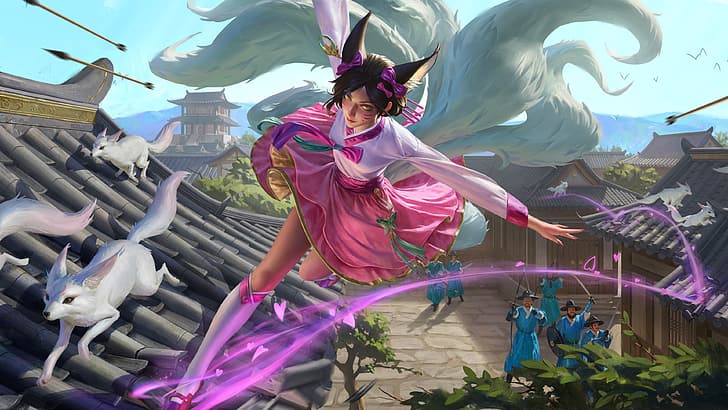 Yuhong Ding, drawing, League of Legends, Ahri (League of Legends), dark hair, dress, pink clothing, running, fighting, nine tails, fox girl, fox, HD wallpaper