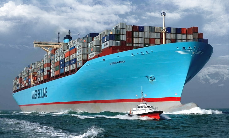 buque de carga azul, agua, mar, junta, caso, el barco, un barco de contenedores, tanque, el piloto, barco piloto, sobre la marcha, Eugen Maersk, carga, contenedor, Maersk, Fondo de pantalla HD
