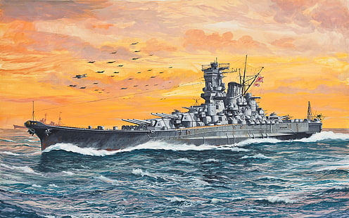 nave sulla pittura oceanica, nave, marina, corazzata, seconda guerra mondiale, arte., lineare, giapponese, Yamato, flotta, imperiale, Sfondo HD HD wallpaper