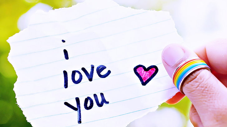 я люблю тебя, любовь, сердце, чувство, бумага, рука, радуга, только ты, буре, розовый, линии, пиши, фокус, зеленый, HD обои