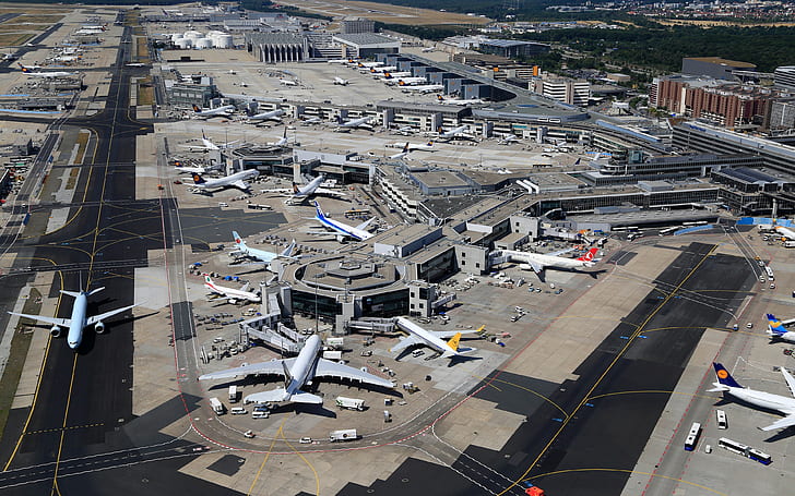 Frankfurt, Alemania, aeropuerto, avión, avión, avión de pasajeros, pista, vista aérea, Fondo de pantalla HD