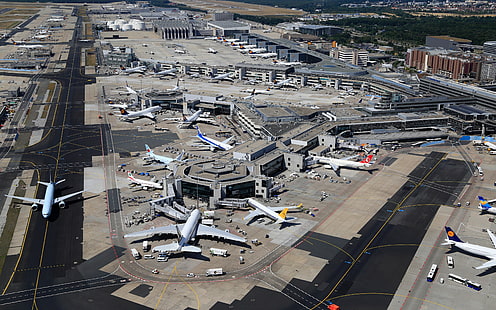 Frankfurt, Jerman, bandara, pesawat terbang, pesawat terbang, pesawat penumpang, landasan pacu, pemandangan udara, Wallpaper HD HD wallpaper