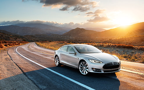 серебристый Tesla седан, Tesla, модель S, Tesla модель S, серый, HD обои HD wallpaper