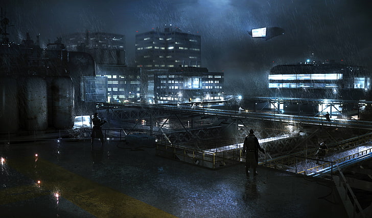 człowiek stojący na dachu tapeta, noc, cyberpunk, deszcz, futurystyczny, sztuka cyfrowa, science fiction, dzieło sztuki, Tapety HD