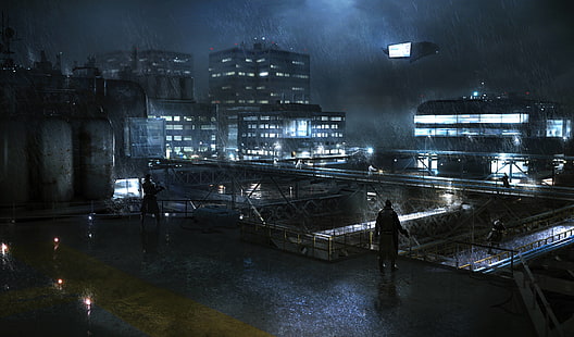 Mann auf dem Dach Tapete, Nacht, Cyberpunk, Regen, futuristisch, digitale Kunst, Science-Fiction, Kunstwerk, HD-Hintergrundbild HD wallpaper