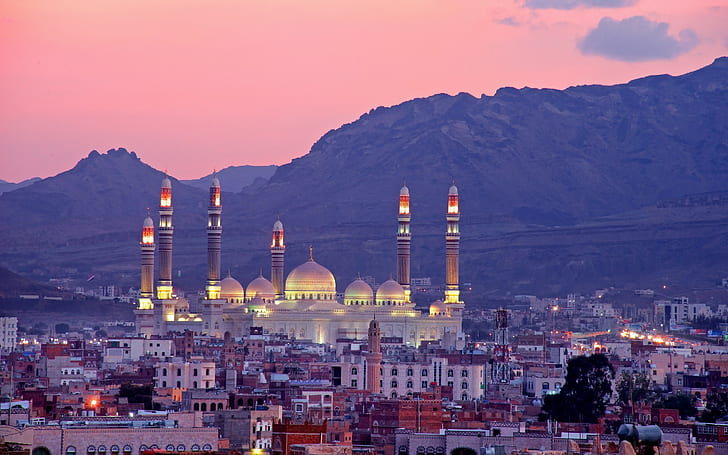 Yemen, El Saleh Camii, El Saleh Camii, Sanaa, Yemen, El Saleh Camii, panorama, dağlar, Binalar, HD masaüstü duvar kağıdı