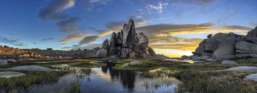 灰色の岩の形成写真、オーストラリア、自然、空、岩、池、風景、水、草、朝、雲、パノラマの近くの水域、 HDデスクトップの壁紙 HD wallpaper