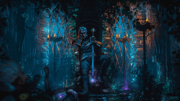 Soldat sitzt auf Throntapete, Videospiele, weißes Haar, Geralt von Rivia, The Witcher, The Witcher 3: Wild Hunt, Schwert, HD-Hintergrundbild