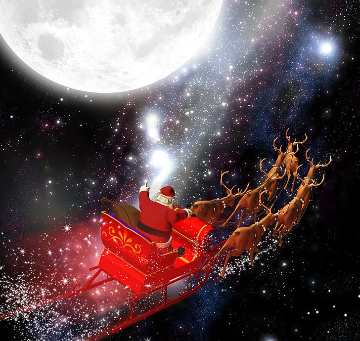 Santa Claus and reindeer sled digital wallpaper, balls, decoration, holiday, New Year, Christmas, HD wallpaper