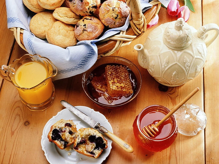 variety of foods, biscuits, sweets, cakes, honey, honeycomb, juice, HD wallpaper