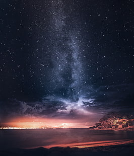 ビーチ海岸、海、夕日、星空、地平線、フランス、 HDデスクトップの壁紙 HD wallpaper