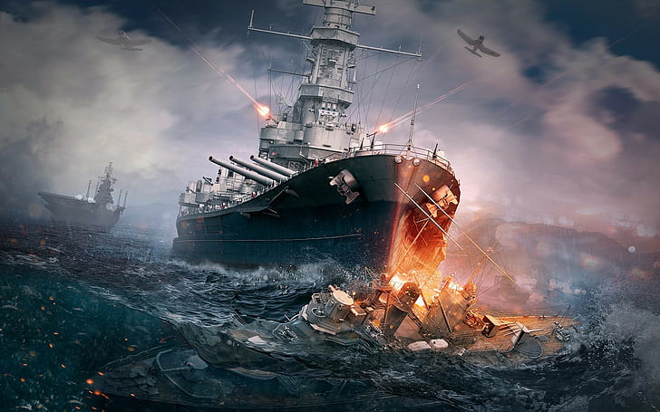 artwork, battle, Battleships, video games, World Of Warships, HD wallpaper