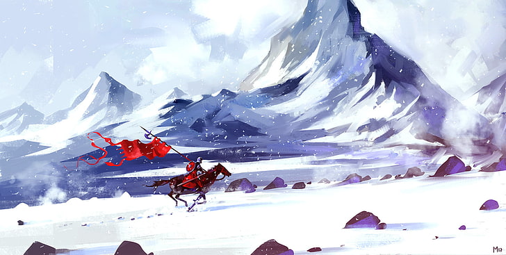 человек верхом на лошади с красным флагом иллюстрации, цифровое искусство, Доминик Майер, произведения искусства, снег, HD обои