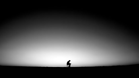 иллюстрация человека, сидящего на стуле, одинокий, заброшенный, минимализм, небо, монохромный, HD обои HD wallpaper