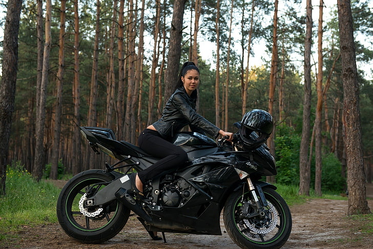 svart sportcykel, modell, flicka, motorcykel, Macy B., HD tapet