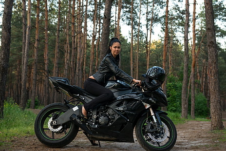 vélo de sport noir, modèle, fille, moto, Macy B, Fond d'écran HD HD wallpaper