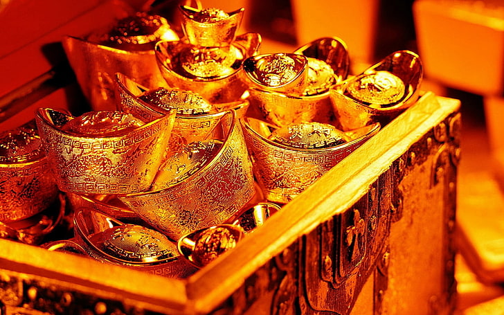 gold bullion lot, gold, trunk, precious, HD wallpaper