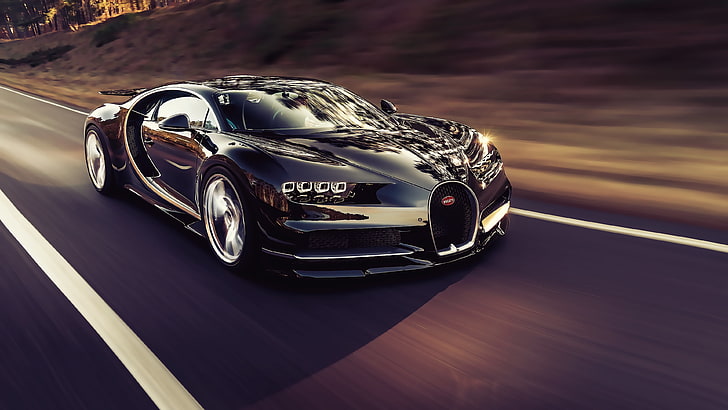 Bugatti Chiron nero, veicolo, auto, auto sportiva, Bugatti Chiron, Super Car, strada, motion blur, Bugatti, Sfondo HD