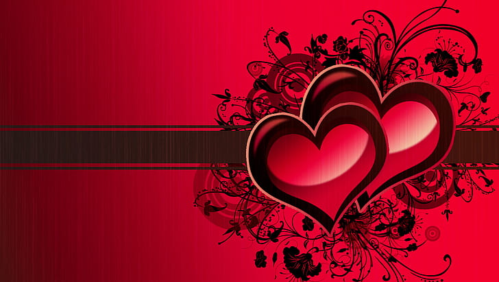 愛、心、赤の背景、ロマンス、赤と黒の心の図、愛、心、赤の背景、ロマンス、 HDデスクトップの壁紙