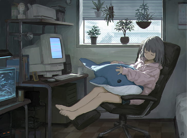 Anime, Original, Aquarium, Chair, Computer, Girl, Plant, Resting, Whale, HD wallpaper