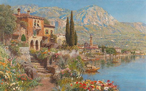 アロイス・アルネガー、オーストリアの画家、キャンバスに油彩、ガルダ湖のリーヴァの眺め、 HDデスクトップの壁紙 HD wallpaper