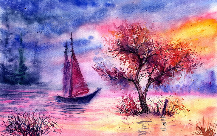 Watercolor landscape, evening, tree, sailing, river, Watercolor, Landscape, Evening, Tree, Sailing, River, HD wallpaper