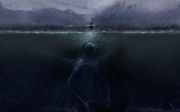 fotografi bawah laut lukisan monster laut, laut, hujan, kapal, bawah air, monster laut, Cthulu, Wallpaper HD