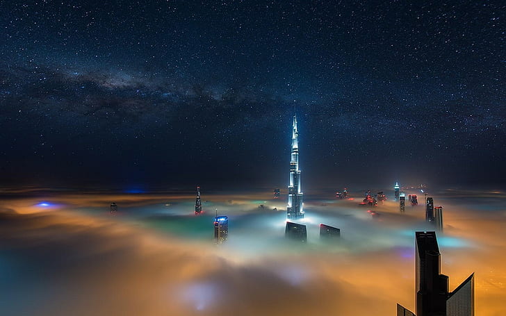 Градски пейзаж, Млечен път, мъгла, небостъргач, Дубай, Звездна нощ, небе, нощ, градски пейзаж, млечен път, мъгла, небостъргач, Дубай, звездна нощ, небе, нощ, HD тапет